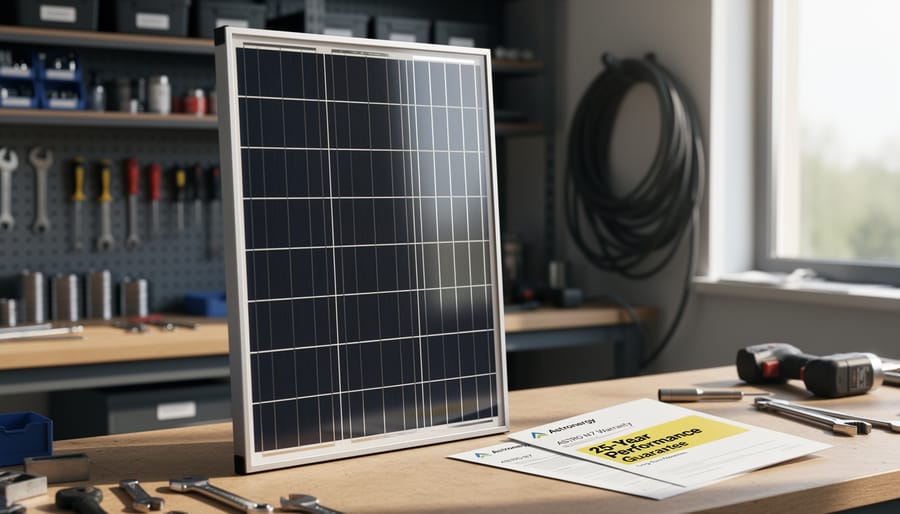 Astronergy ASTRO N7 solar panel with warranty binder folder in a workshop setting