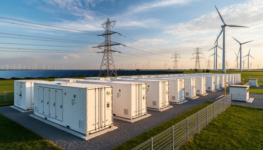 Battery energy storage containers beside electrical substation equipment under an overcast sky