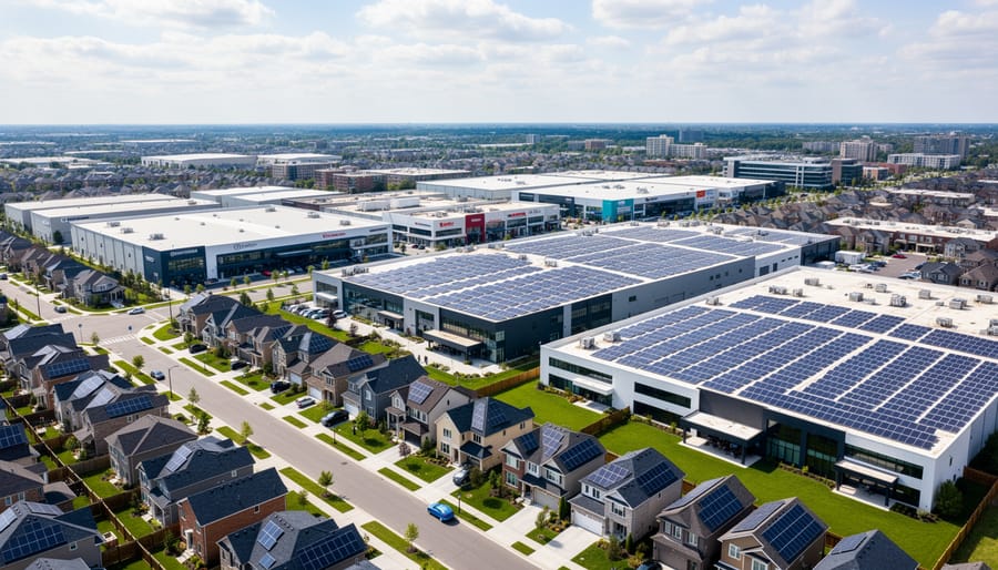 Wide view showing residential rooftops and commercial solar arrays powered by modern panels