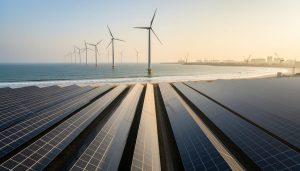 Wind turbines offshore and large solar panel fields along the Chinese coastline at golden hour, showing large-scale renewable energy deployment.