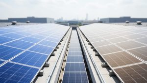 Photorealistic solar panel arrays on rooftops and ground-mounted sections under an overcast sky, representing comparison of Chinese and U.S. solar manufacturing.