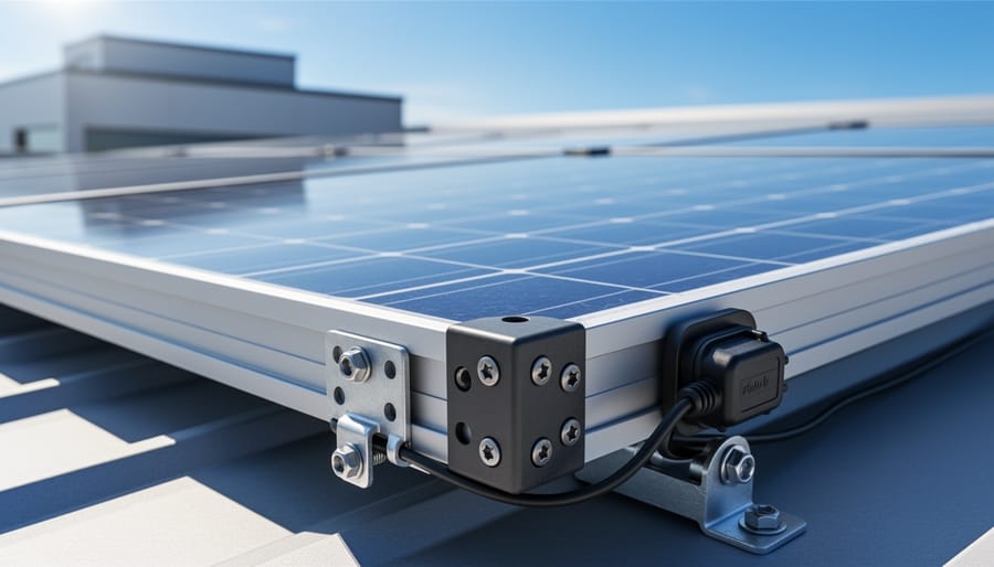 Close-up of a solar panel module surface and frame with subtle light reflections
