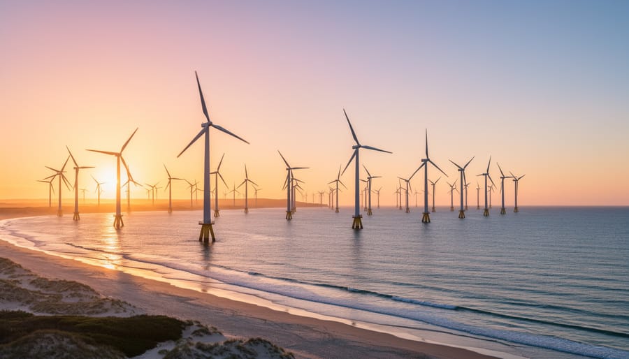 Wind turbines along a coastline at sunrise, with early light illuminating the turbine blades.