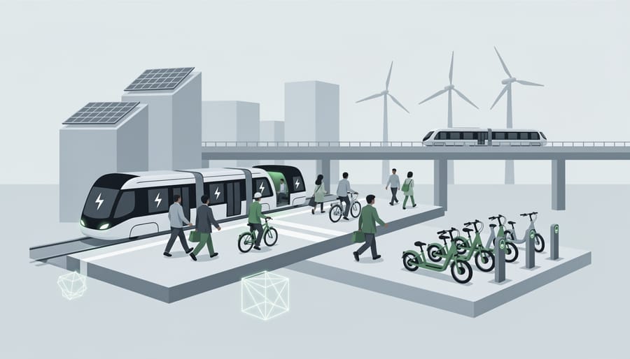 People at a modern transit hub near charging infrastructure, with electric vehicles in the background.