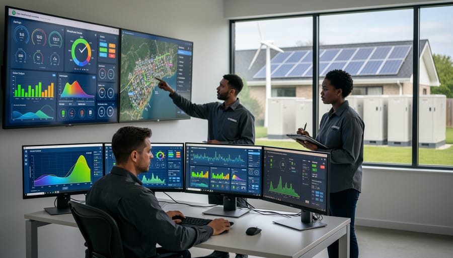 Technician at a community energy hub beside smart metering and monitoring equipment