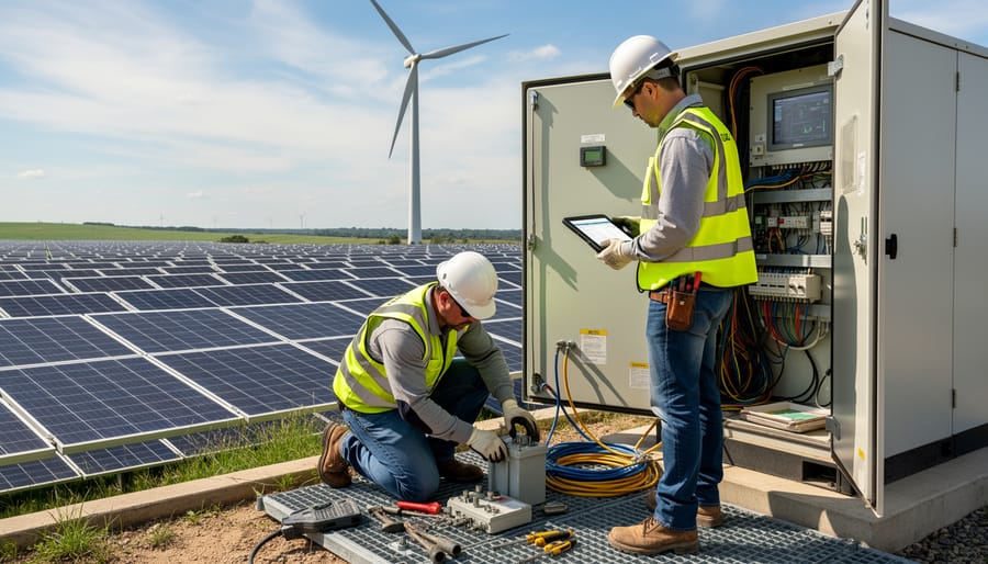 A professional electrician working on solar equipment with tools and wiring inside a utility shed.