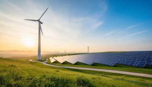 Wind turbine and solar panels at sunrise with distant transmission lines representing energy transition and modern power infrastructure.