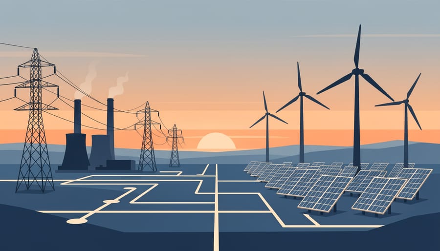 Transmission power pylons with wind turbines in the distance during golden hour in China
