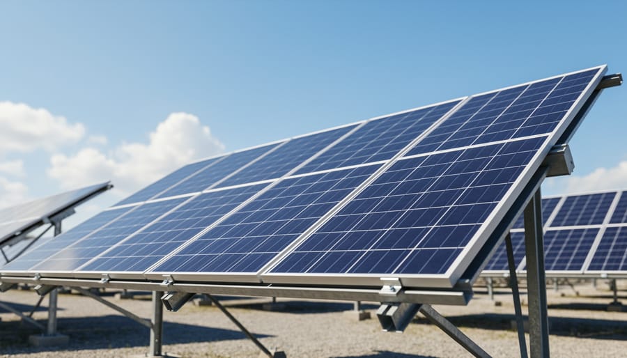 LONGi Hi-MO 6 solar panels outdoors with low-angle view highlighting panel texture and sunlight reflections