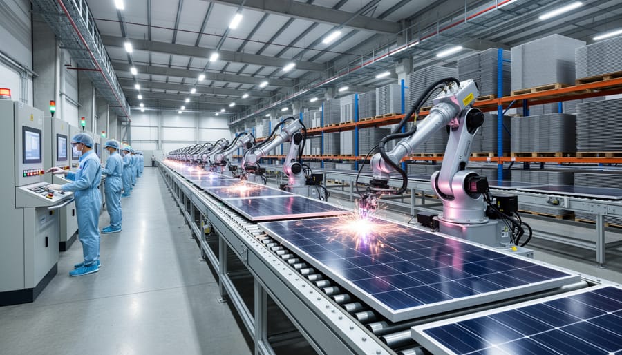 Interior view of a modern solar panel manufacturing line with industrial machinery