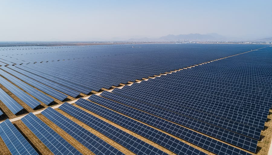 Wide view of a large solar farm with rows of photovoltaic panels under an overcast sky in northern China