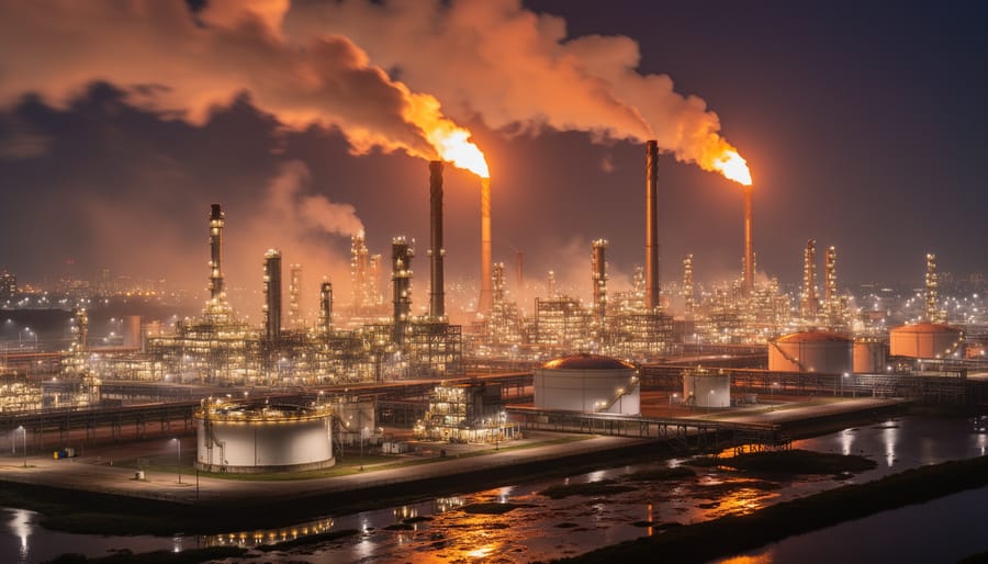 Industrial oil refinery with flare stack burning in light mist and soot-covered pipes in the foreground.