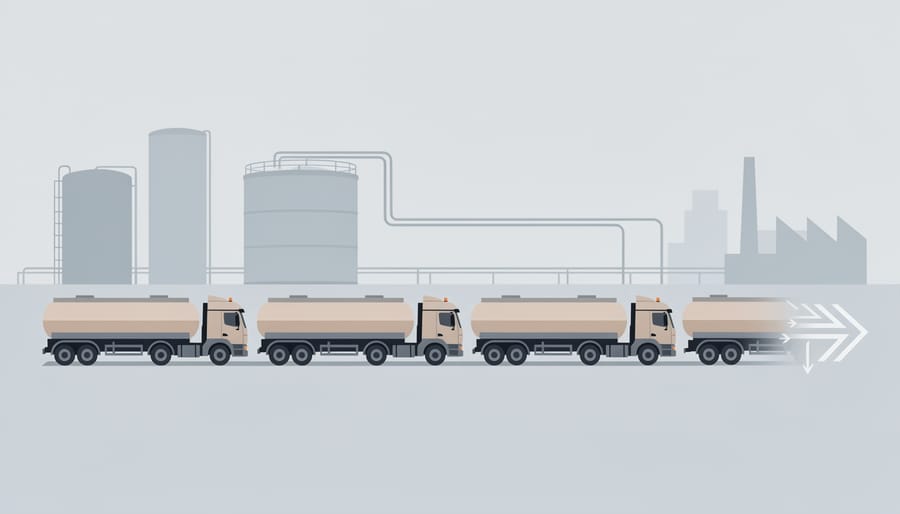 Tanker trucks parked in a logistics depot under an overcast sky representing stalled fuel distribution.