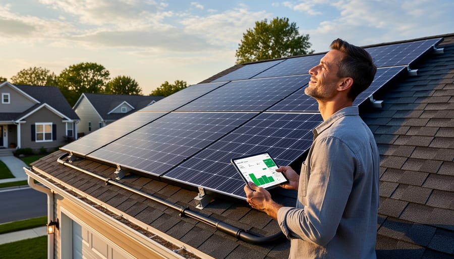 Rooftop solar panels installed on a residential home during dusk lighting