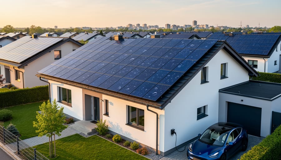Close view of rooftop solar panels on a residential building.