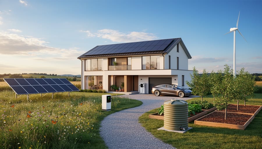 Rooftop solar panels with a rooftop garden and rainwater harvesting system in a residential neighborhood