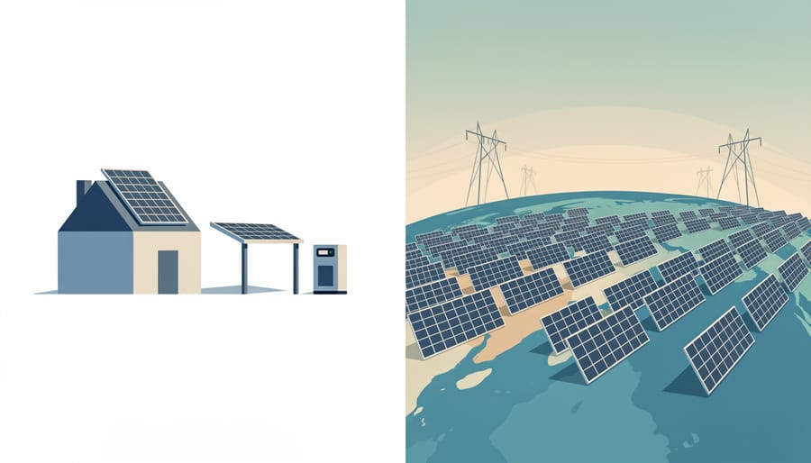 Conceptual view of rooftop solar panels in the foreground with a distant solar farm in the background