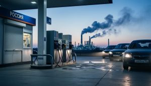 Empty fuel station pumps with idling cars in the foreground and a smoky refinery silhouette in the background, representing a fuel shortage during Russia’s 2026 energy crisis.