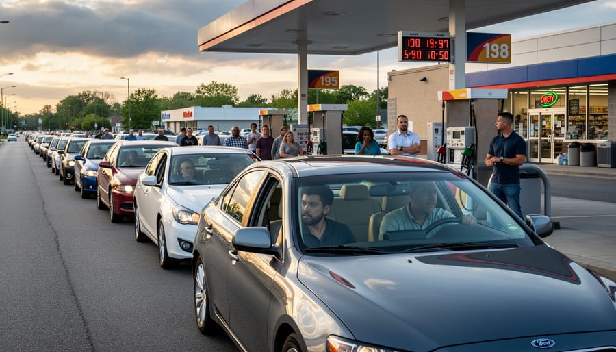 Cars waiting at a fuel station at night with illuminated fuel pumps and drivers in silhouette.