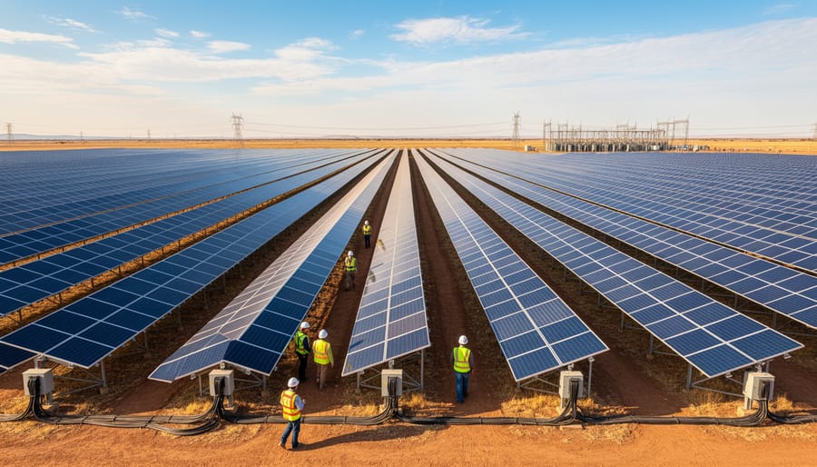 Rows of solar panels in a large utility-scale solar farm under golden hour sunlight