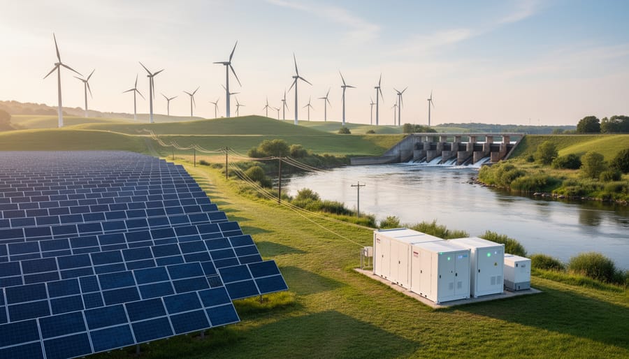 Wind turbine and utility-scale solar farm seen together across a field at golden hour