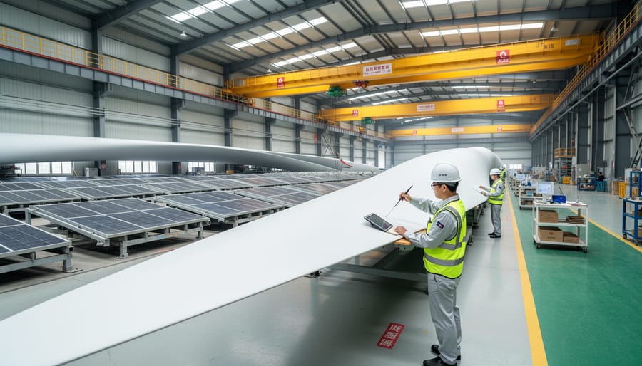 Workers inspecting metal and composite components in a wind turbine manufacturing workshop in China