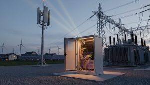 A modern power substation at dusk with edge-computing server equipment near transformers and implied wireless 5G connectivity, alongside blurred renewable energy installations in the background.