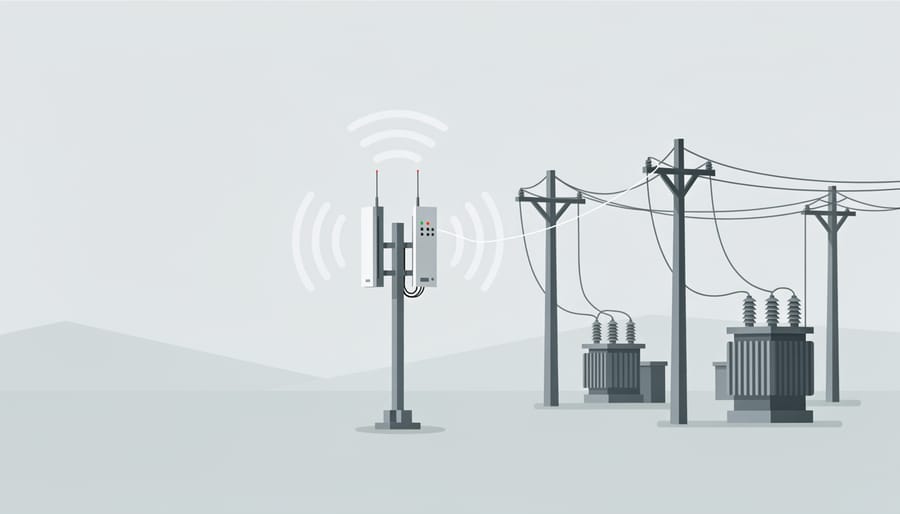Small cellular radio units mounted on a utility pole near distribution lines under an overcast sky.