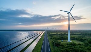 “Solar panels and a wind turbine at sunrise in a modern clean energy landscape representing progress toward net zero emissions.”