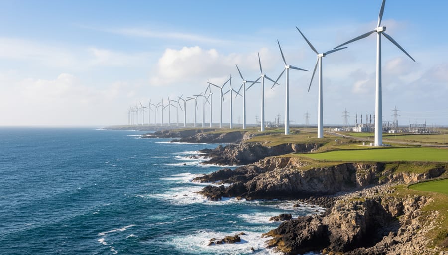 Wind turbines turning on a coastal wind farm during golden hour