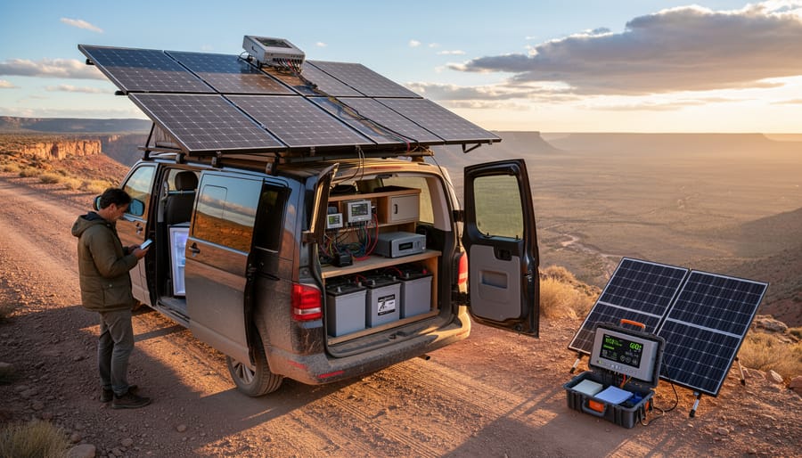 Large solar panel setup on a roof with off-grid RV equipment in view under overcast sky