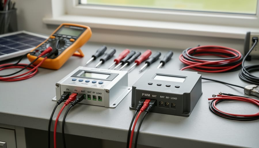 MPPT and PWM solar charge controllers placed side by side on a workbench with visible wiring connectors