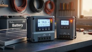 Two solar charge controller units for MPPT and PWM charging placed on a workbench beside a solar panel, shown in warm workshop lighting.