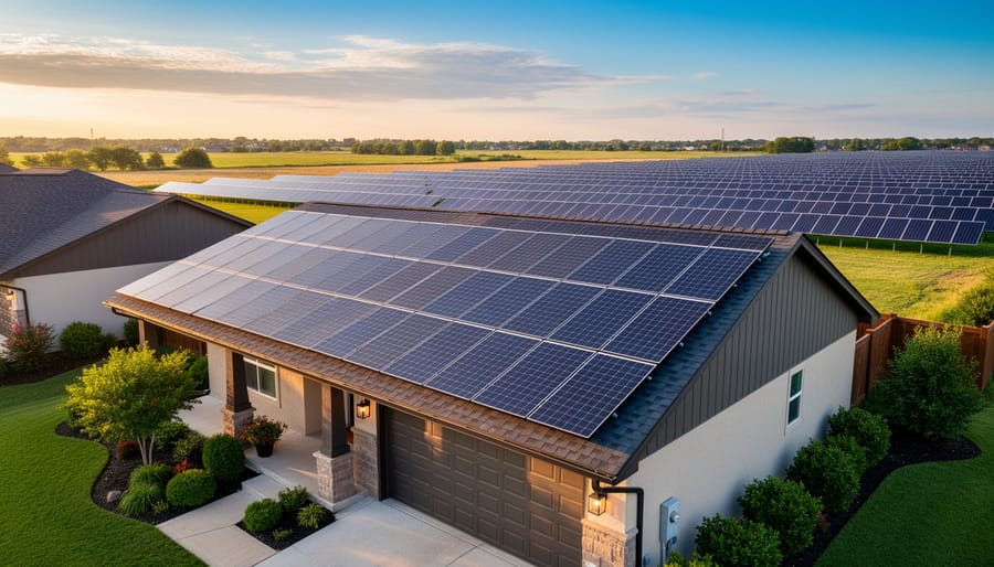 Solar panels on a residential roof during golden hour with warm reflections on the panel surface