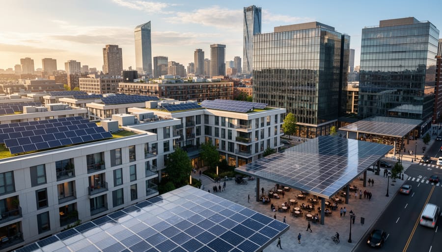 Solar panels installed on a modern building roof under daylight