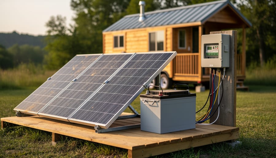 Small off-grid cabin with rooftop solar panels and an exterior battery and controller enclosure