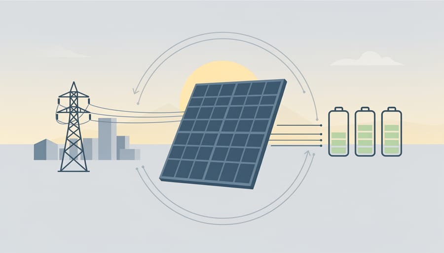 Battery energy storage cabinets positioned beside solar panels under an overcast sky