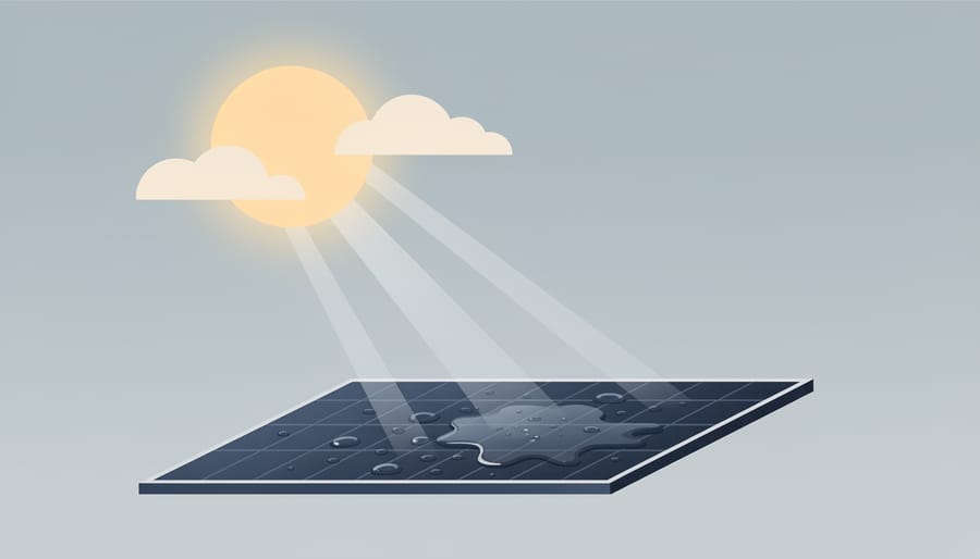 Solar panel covered in water droplets with sunlight filtering through clouds