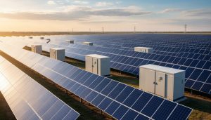 “Modern solar farm with photovoltaic panels and nearby battery energy storage units under golden hour sunlight.”
