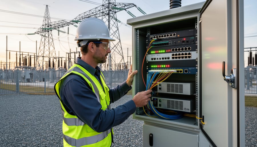 Technician working near communication and edge computing equipment at a modern electrical substation.