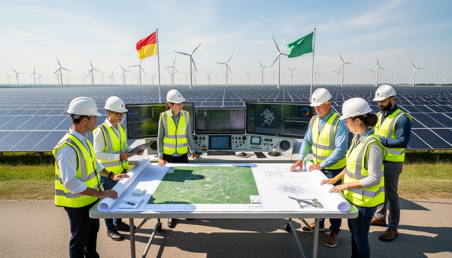 Engineers and workers collaborating outdoors near a clean energy site