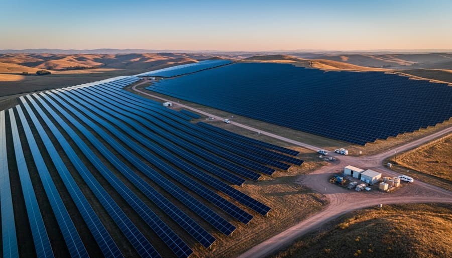 Utility-scale solar farm with rows of solar panels stretching to the horizon under an overcast sky