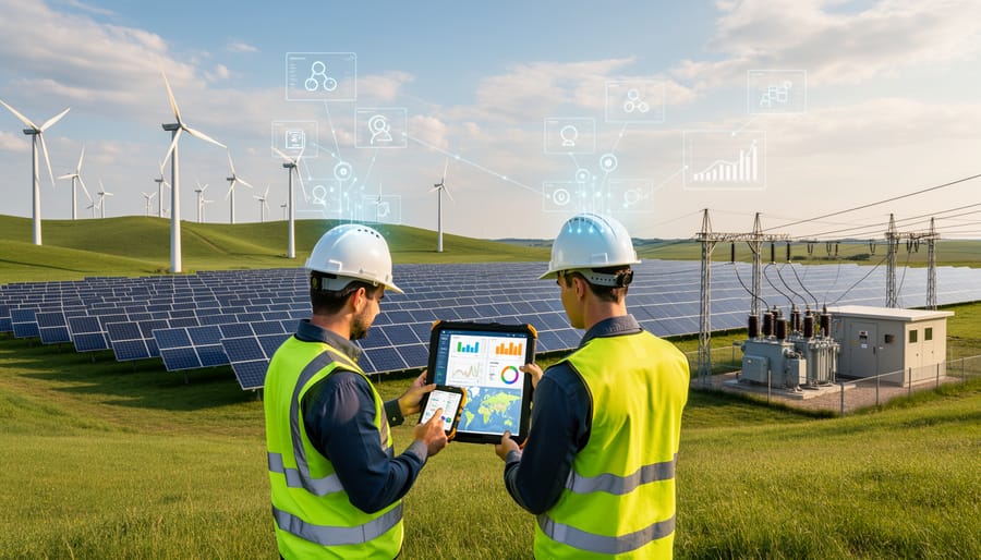 Wind farm and solar panels at golden hour with a technician in the foreground representing real-time grid operations.